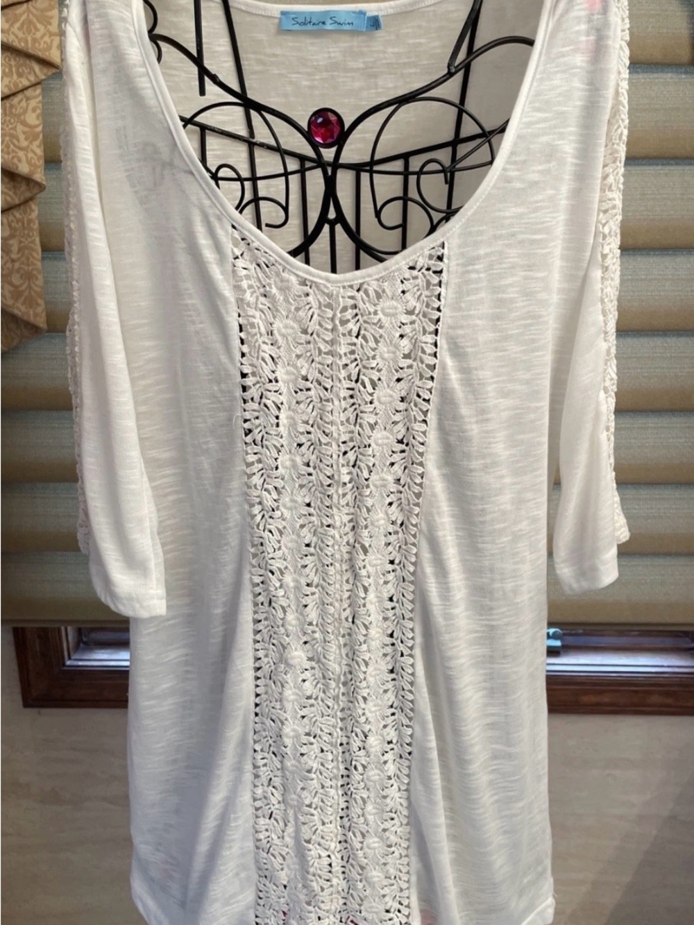 Solitaire Swim White Swimsuit Cover Up Crochet Detail Size Large - 3/4 sleeves